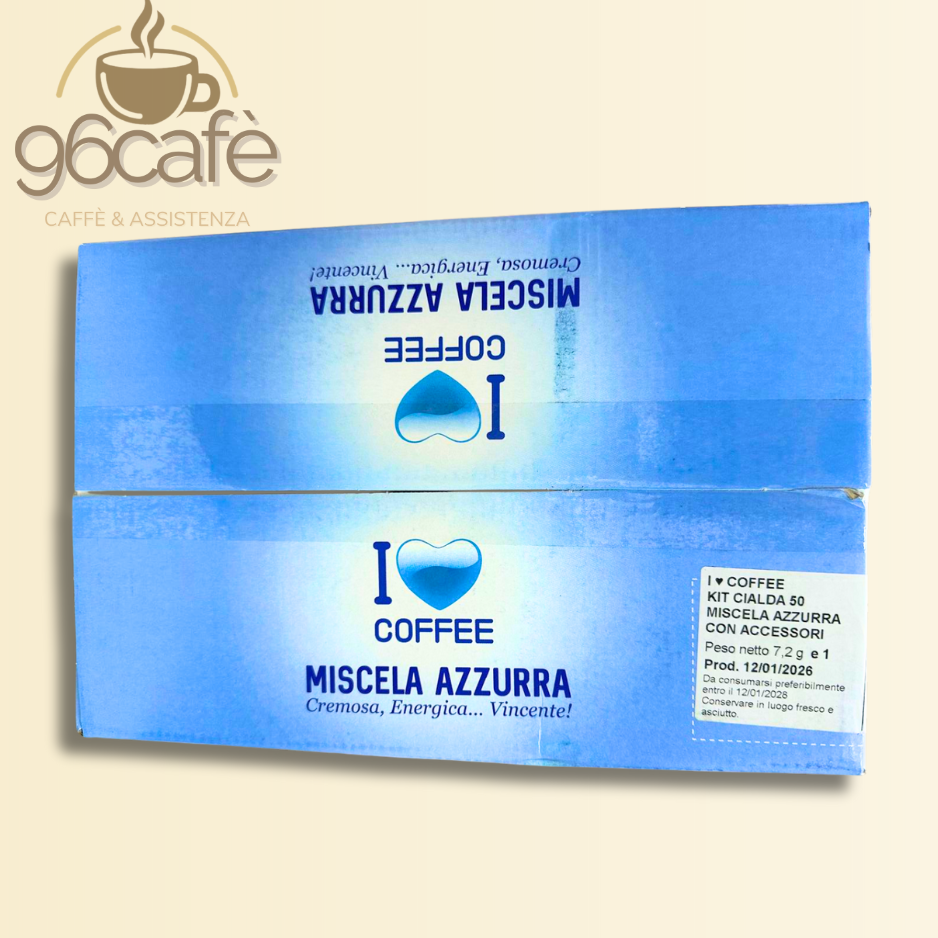 I Love Coffee – Miscela Azzurra 50 Cialde Compostabili | Edizione Speciale con Kit Accessori