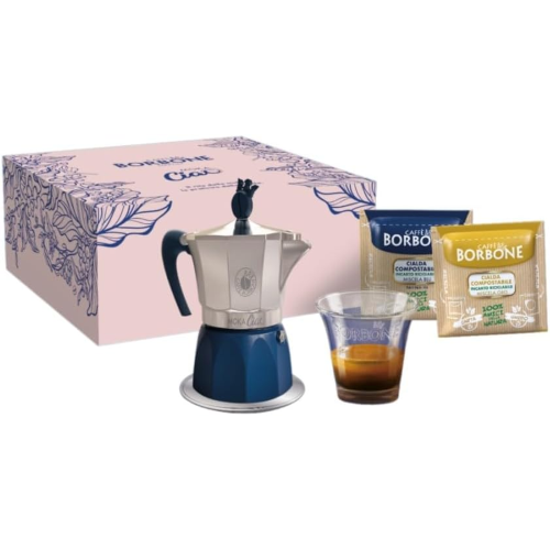 Caffè Borbone MokaCiao – 15 Cialde ORO + 15 Cialde BLU + 4 Bicchieri in Vetro – Idea Regalo di Natale Perfetta!