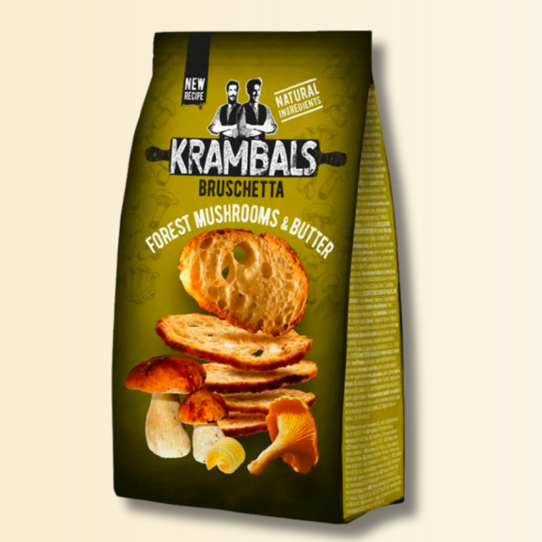 Krambals Bruschetta Forest Mushrooms & Butter 70g – Crostini Croccanti ai Funghi di Bosco e Burro, Snack Salato per Aperitivo, Antipasti e Stuzzichini Gourmet