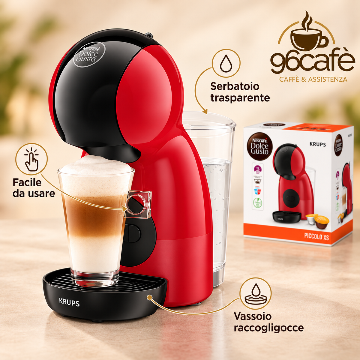 Macchina da Caffè Nescafé Dolce Gusto Krups Piccolo XS Rossa – Compatta, 15 Bar, Caldo/Freddo