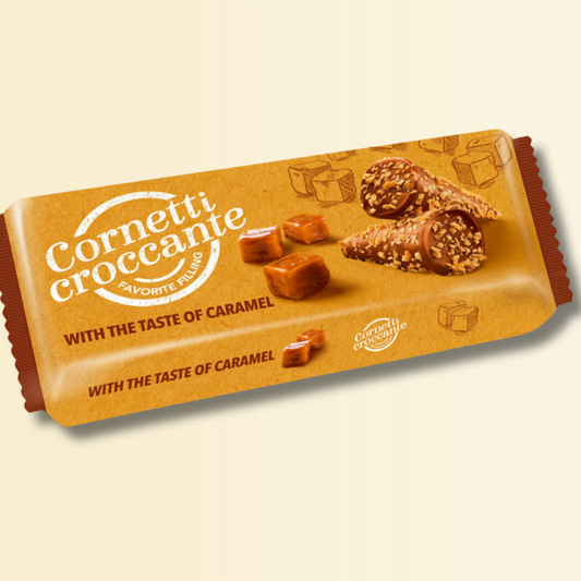 Wafer Cornetti Croccanti al Caramello – 112g, Ripieno Cremoso al Caramello e Granella Croccante, Snack Dolce Perfetto per Pausa Golosa e Momenti di Energia