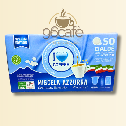 I Love Coffee – Miscela Azzurra 50 Cialde Compostabili | Edizione Speciale con Kit Accessori