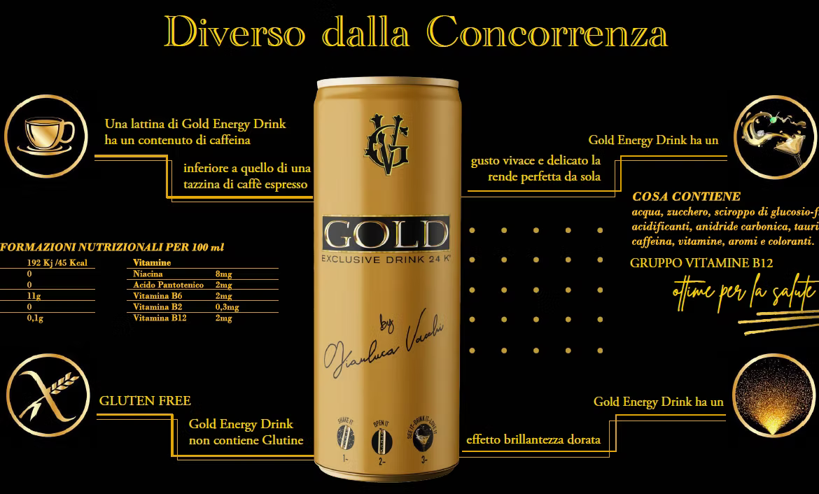 4 LATTINE - Gold Exclusive Drink 24K - Bevanda Analcolica - Energy Drink Senza Glutine da 250ml