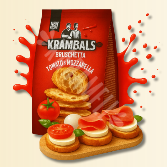 Krambals Bruschetta Tomato & Mozzarella 70g – Crostini Croccanti Gusto Pomodoro e Mozzarella, Snack Salato per Aperitivo, Antipasti e Stuzzichini