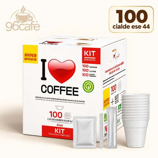 100 Cialde con 100 Kit Accessori - I LOVE COFFEE - 100 Palette, 100 Bustine di Zucchero, 100 Bicchieri