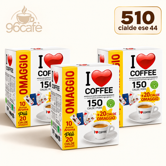 450 Cialde + 60 OMAGGIO + 30 Insaporitori in OMAGGIO - I LOVE COFFEE - Miscela Forte e Cremosa - MAXI SCORTA