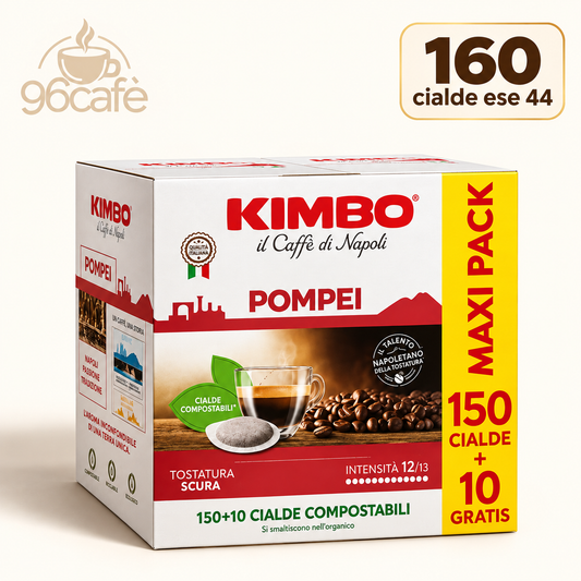 160 CIALDE - Kimbo POMPEI - Miscela Forte e Decisa, Intensità 12/13, Tostatura Scura, 1 Pack da 150 + 10 Cialde