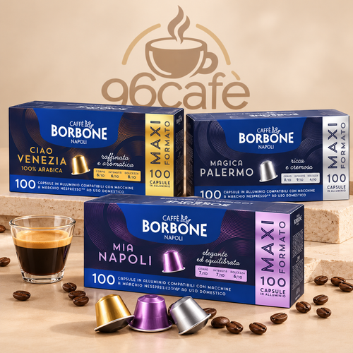 100 Capsule in Alluminio NESPRESSO – 3 Miscele Caffè Borbone | Mia Napoli, Ciao Venezia e Magica Palermo