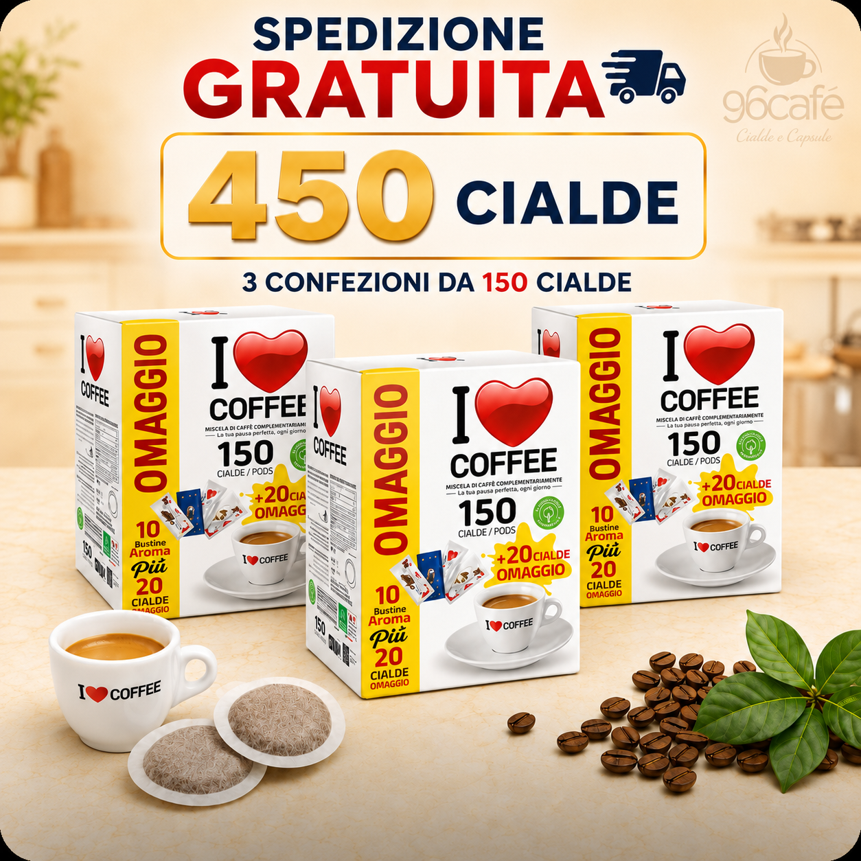 450 Cialde + 60 OMAGGIO + 30 Insaporitori in OMAGGIO - I LOVE COFFEE - Miscela Forte e Cremosa - MAXI SCORTA