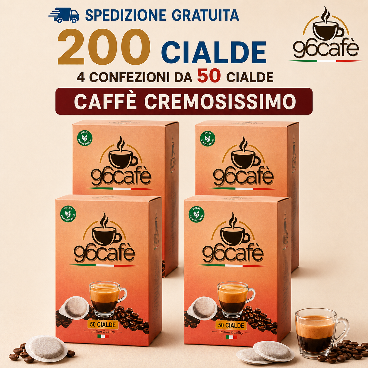 200 Cialde Cremosissime da 8g - MAXI SCORTA di 96CAFE - Miscela Morbida