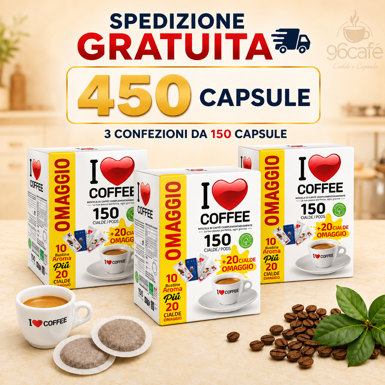 450 Cialde + 60 OMAGGIO + 30 Insaporitori in OMAGGIO - I LOVE COFFEE - Miscela Forte e Cremosa - MAXI SCORTA