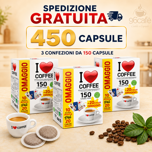 450 Cialde + 60 OMAGGIO + 30 Insaporitori in OMAGGIO - I LOVE COFFEE - Miscela Forte e Cremosa - MAXI SCORTA