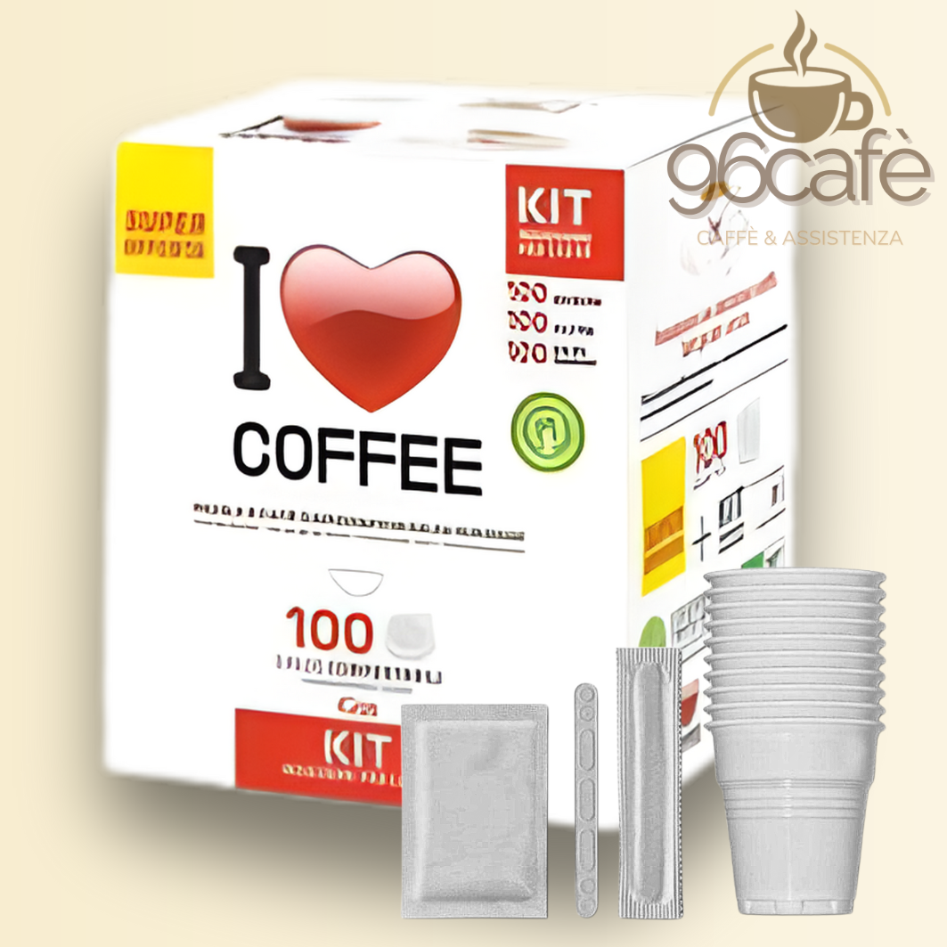100 Cialde con 100 Kit Accessori - I LOVE COFFEE - 100 Palette, 100 Bustine di Zucchero, 100 Bicchieri