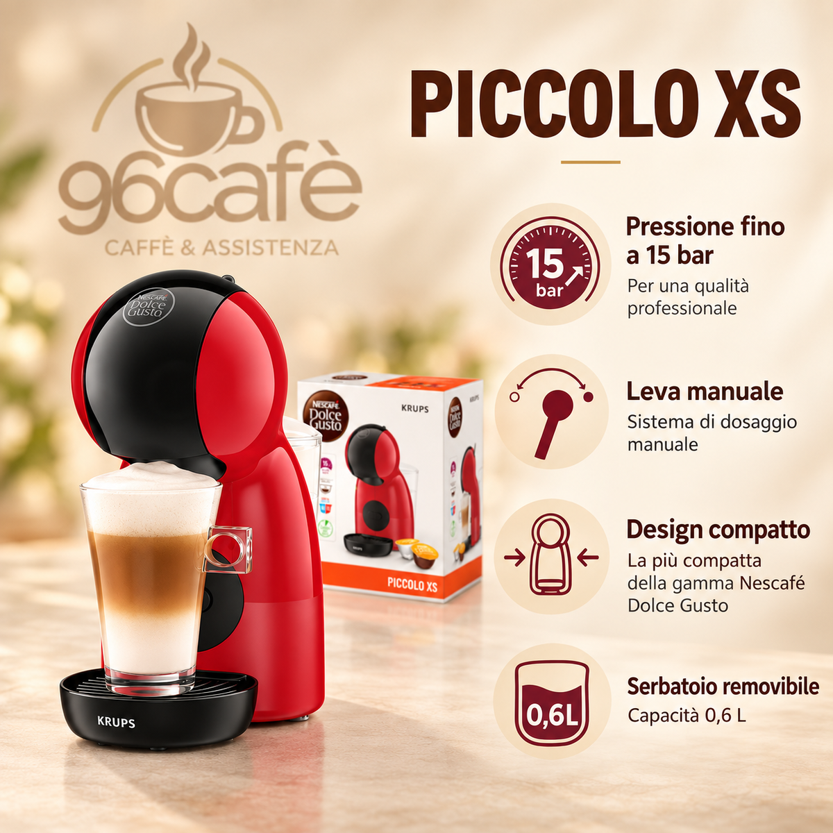 Macchina da Caffè Nescafé Dolce Gusto Krups Piccolo XS Rossa – Compatta, 15 Bar, Caldo/Freddo