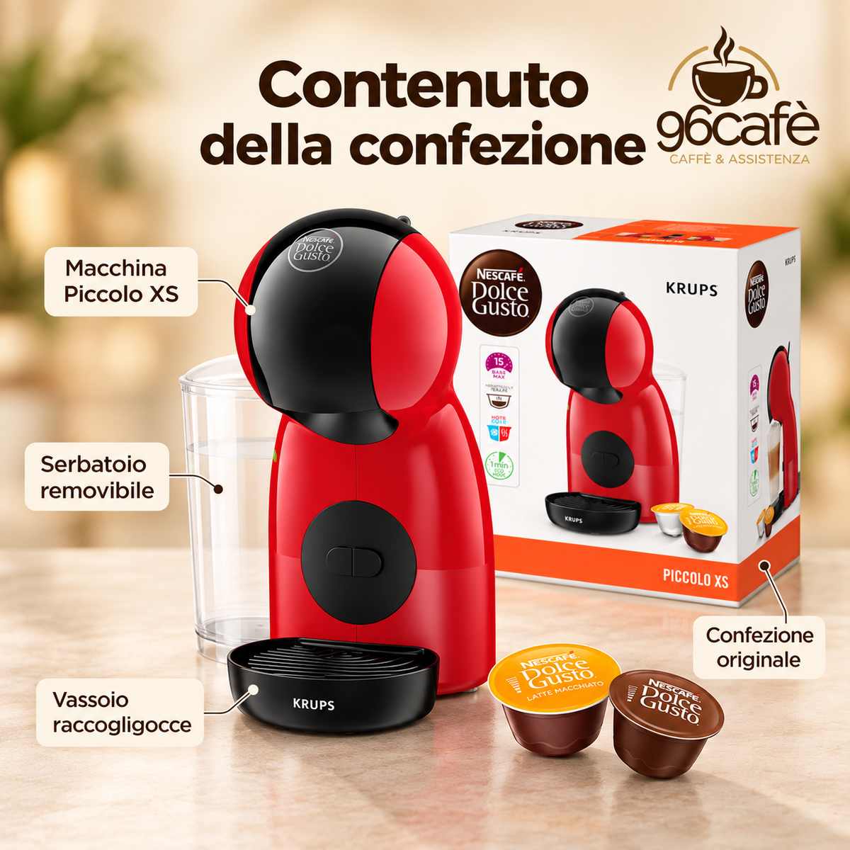 Macchina da Caffè Nescafé Dolce Gusto Krups Piccolo XS Rossa – Compatta, 15 Bar, Caldo/Freddo