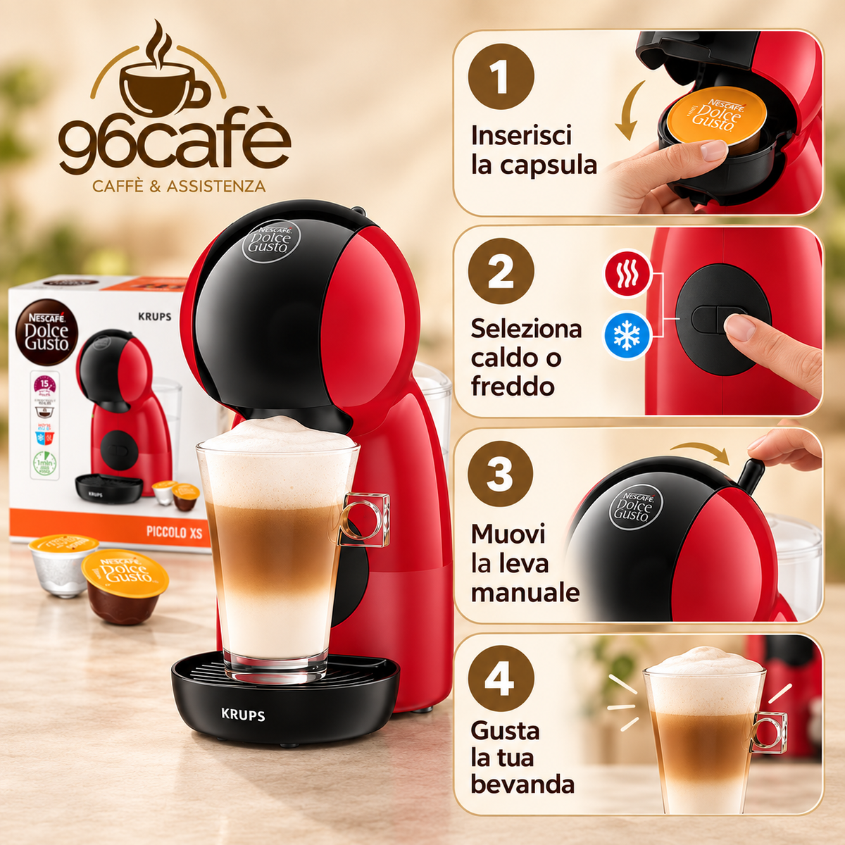 Macchina da Caffè Nescafé Dolce Gusto Krups Piccolo XS Rossa – Compatta, 15 Bar, Caldo/Freddo