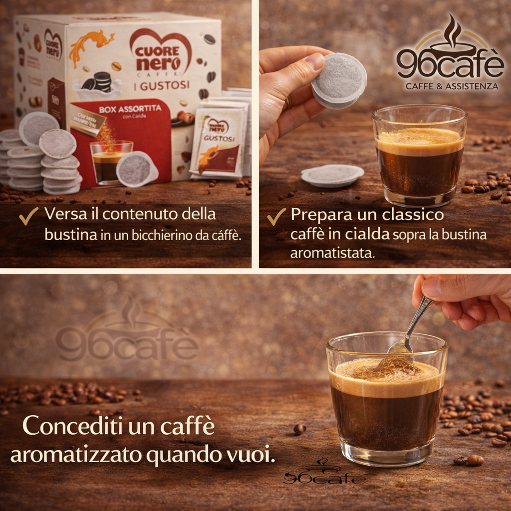 I Gustosi – Box Assortita 32 Cialde + 32 Bustine Aromatizzate | Crea il tuo Caffè Aromatizzato con Vari Gusti