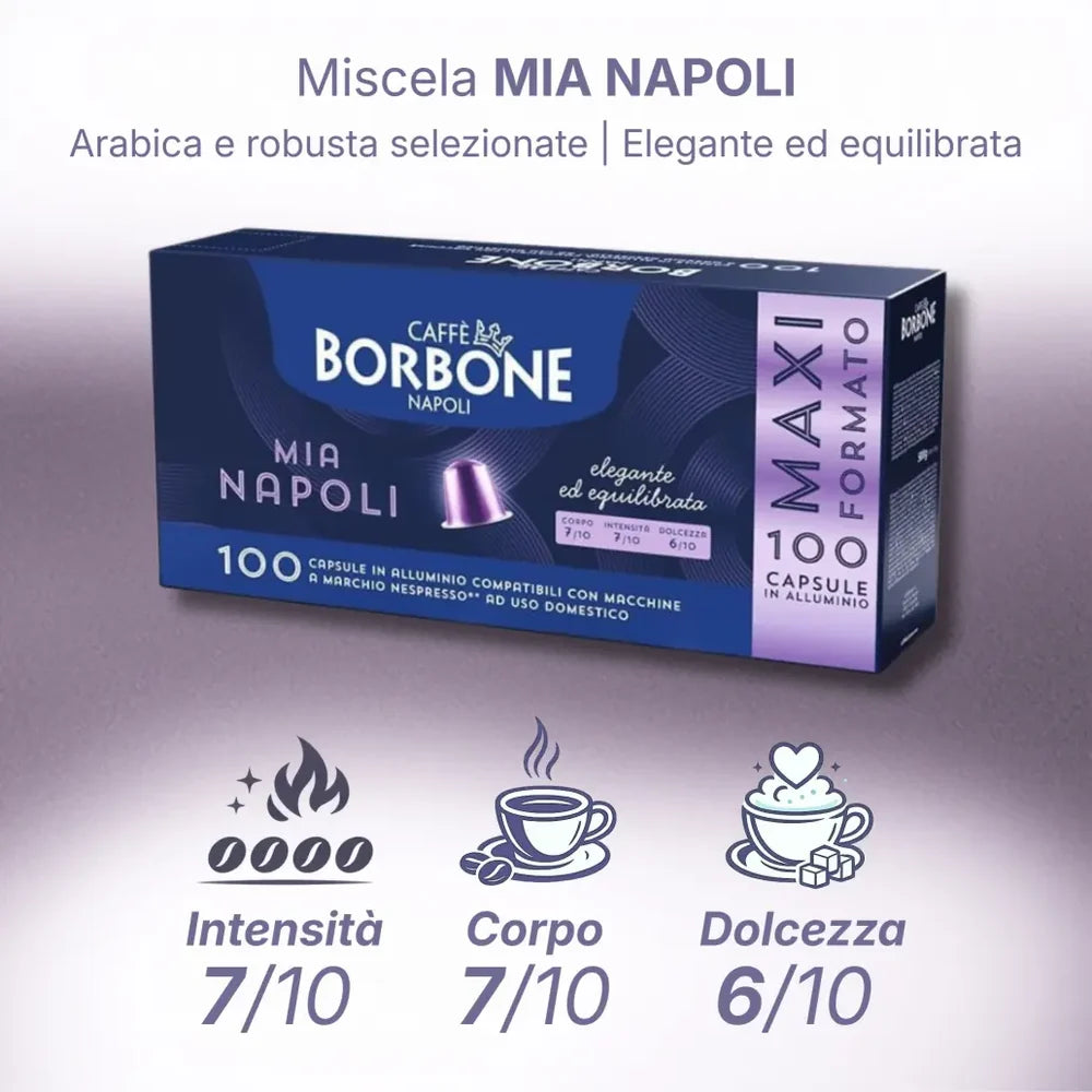 100 Capsule in Alluminio NESPRESSO – 3 Miscele Caffè Borbone | Mia Napoli, Ciao Venezia e Magica Palermo