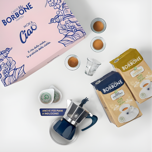 Caffè Borbone MokaCiao – 15 Cialde ORO + 15 Cialde BLU + 4 Bicchieri in Vetro – Idea Regalo di Natale Perfetta!