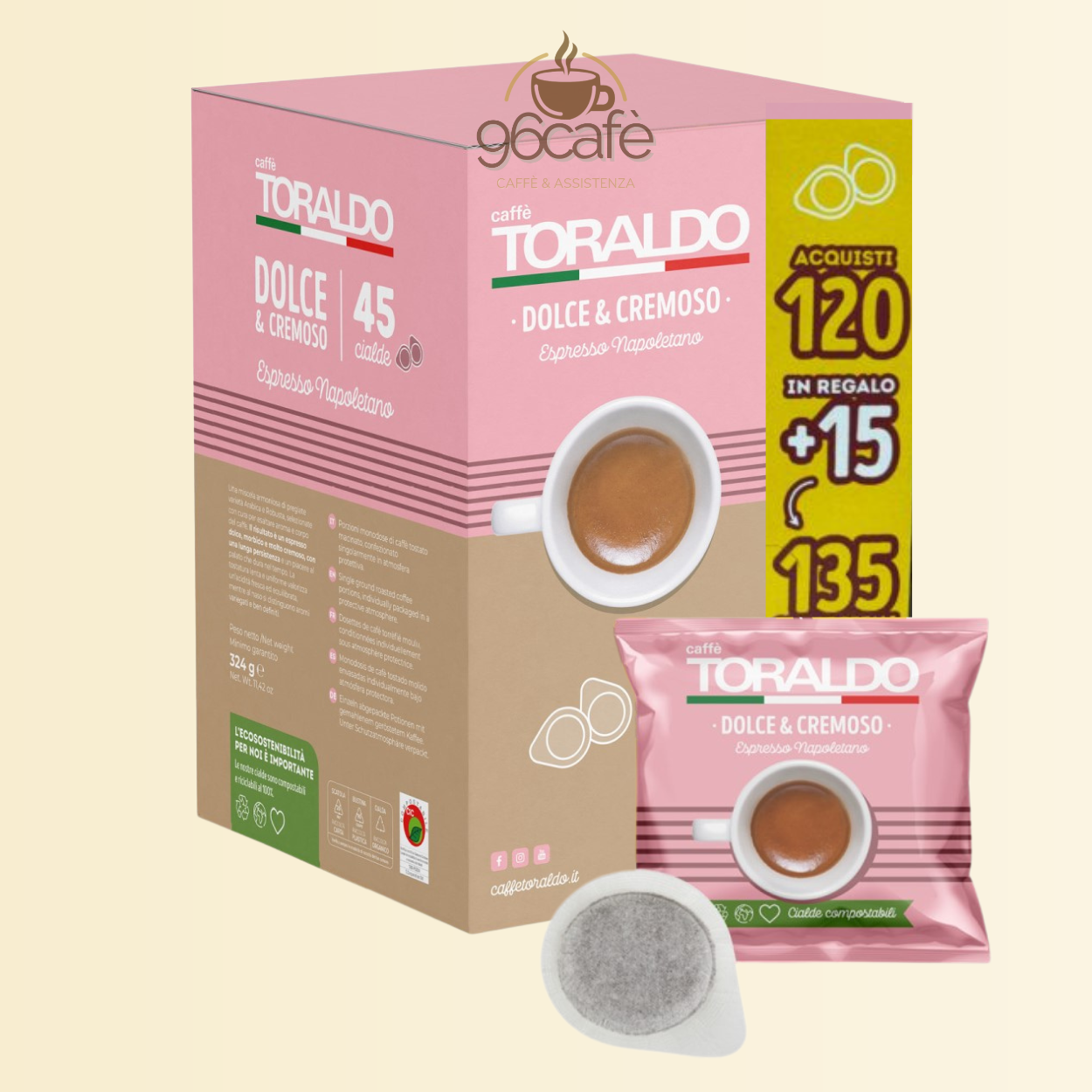 135 Cialde (120 + 15 in Omaggio) Caffè Toraldo – Dolce & Cremoso – Espresso Napoletano