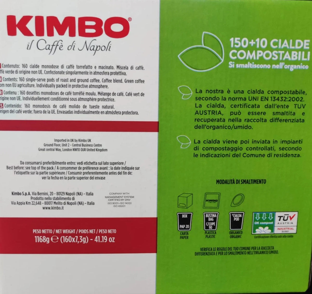 160 CIALDE - Kimbo POMPEI - Miscela Forte e Decisa, Intensità 12/13, Tostatura Scura, 1 Pack da 150 + 10 Cialde