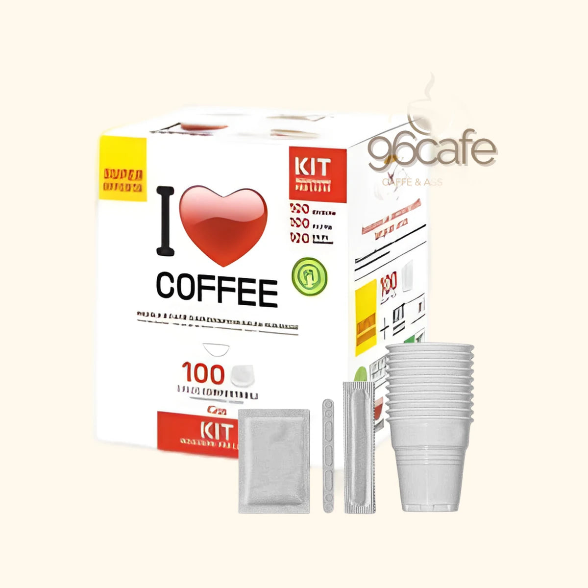 100 Cialde con 100 Kit Accessori - I LOVE COFFEE - 100 Palette, 100 Bustine di Zucchero, 100 Bicchieri